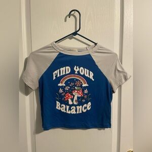 “Find Your Balance” White & Blue Graphic Crop Top